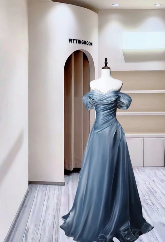 Charming Off The Shoulder Ball Gown Blue Gray Satin Pleated Beaded Long Party Dress Evening Gown