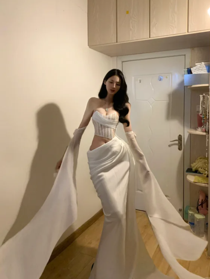 Sexy Strapless Satin Slit White Mermaid Long Prom Gown Party Dress