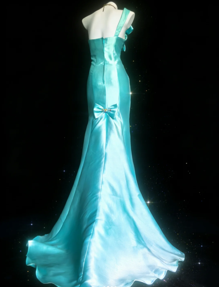 Glamorous Blue One Shoulder Satin Sequin Beaded Mermaid Evening Dress Long Birthday Party Dress SP1595