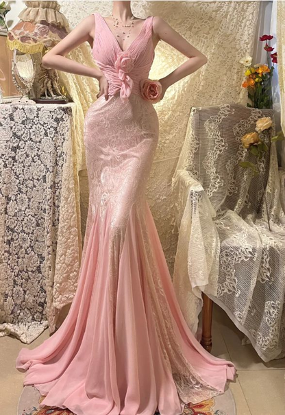Elegant V Neck Pink Chiffon Lace Mermaid Prom Dress Long Party Dress SP490