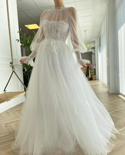 Vintage Dotted Tulle Puff Sleeve Illusion Neck A-Line Wedding TP5913