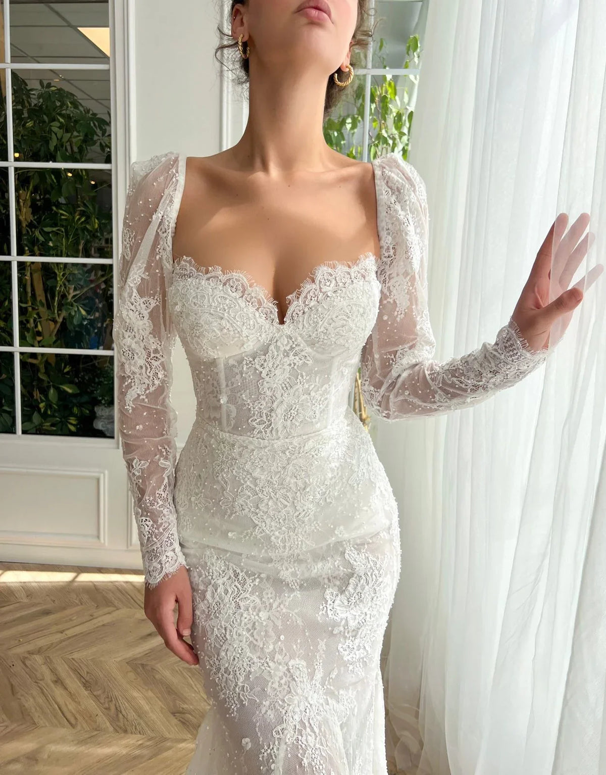 Romantic Ivory Sweetheart Puff Long Sleeve Lace Mermaid Wedding Dress TP5916