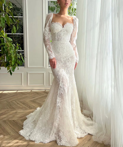 Romantic Ivory Sweetheart Puff Long Sleeve Lace Mermaid Wedding Dress TP5916