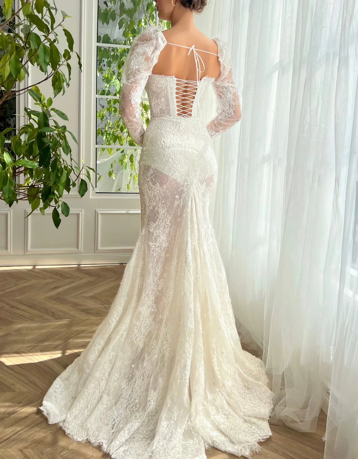 Romantic Ivory Sweetheart Puff Long Sleeve Lace Mermaid Wedding Dress TP5916