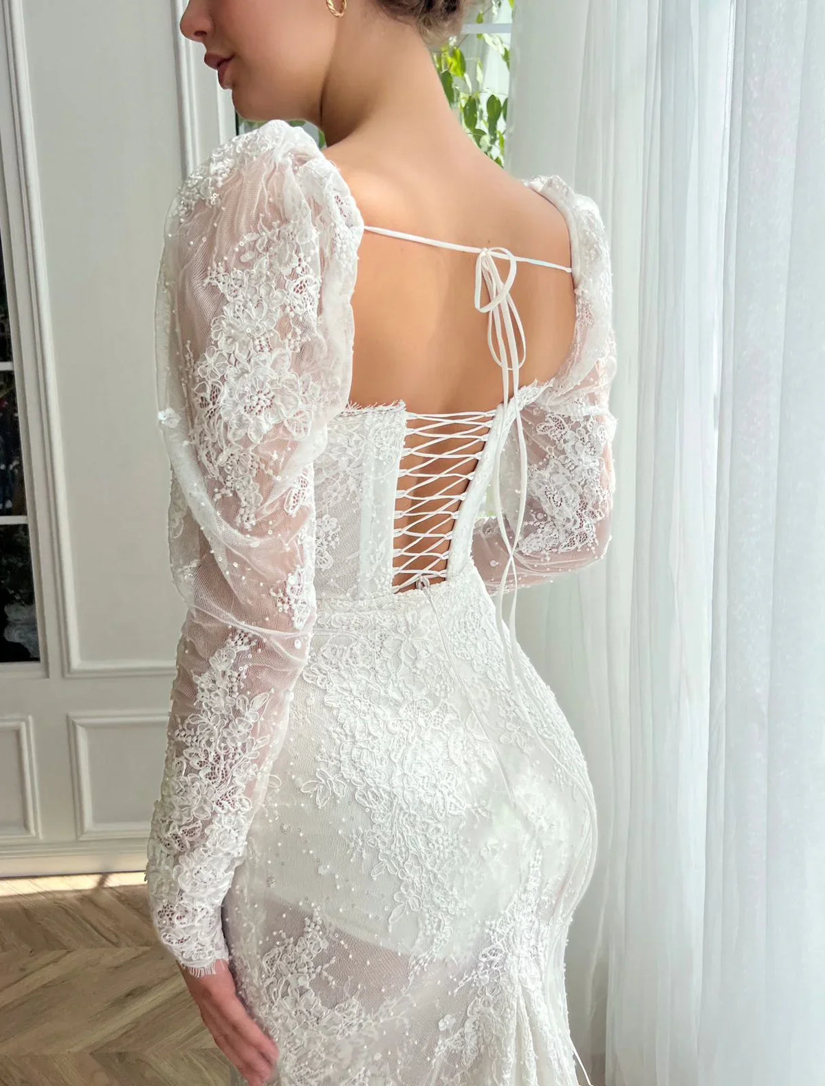 Romantic Ivory Sweetheart Puff Long Sleeve Lace Mermaid Wedding Dress TP5916