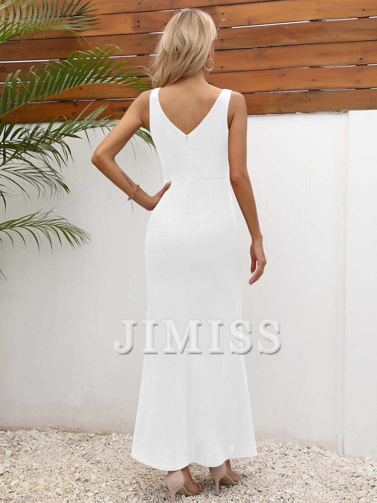 Rooster neckline sleeveless ruffled high slit evening gown