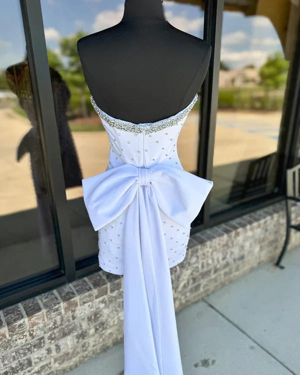 Fashion White Beaded Bowknot Design Elegant Strapless Homecoming Dress TP3555