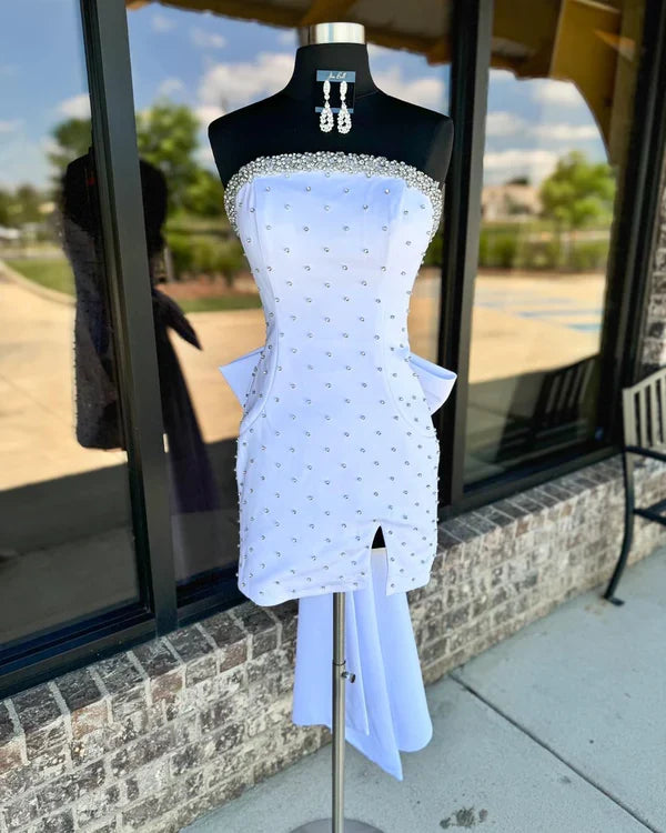 Fashion White Beaded Bowknot Design Elegant Strapless Homecoming Dress TP3555