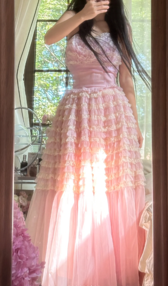 Sweet Strapless Pink Tulle Pleated A Line Long Party Dress Princess Birthday Prom Gowns