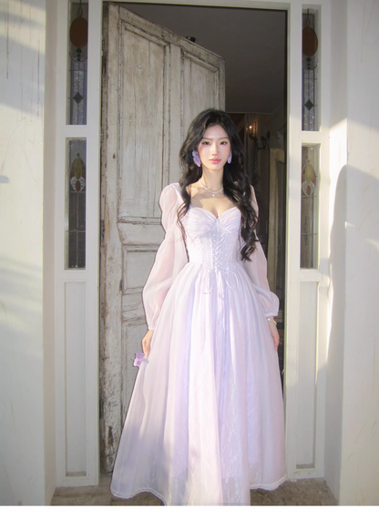 Sweet Lavender Tulle Lace A Line Long Party Dress Birthday Prom Dresses SP1500