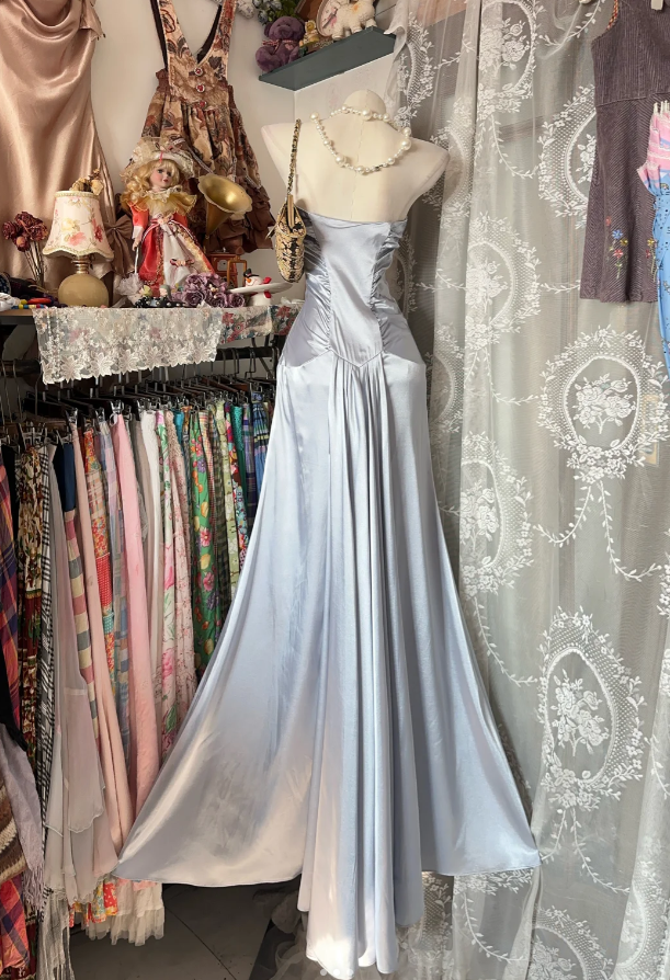 Style Silver Strapless Satin Pleated Mermaid Long Party Dress Birthday Prom Dress SP1719
