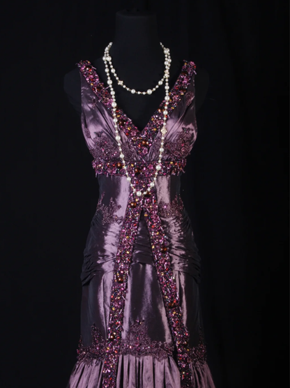 Vintage Purple V Neck Satin Beaded Mermaid Evening Dress Long Birthday Party Gown