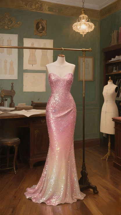 Sparkly Spaghetti Straps Pink Sequin Mermaid Long Party Dress Evening Gown