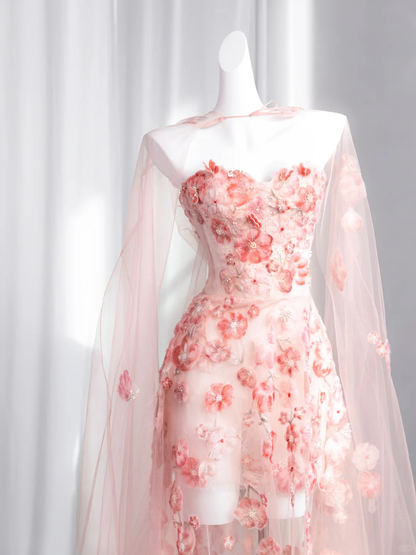 Pretty Pink Strapless Tulle Beaded Appliques Long Birthday Party Dress Prom Gown SP1511