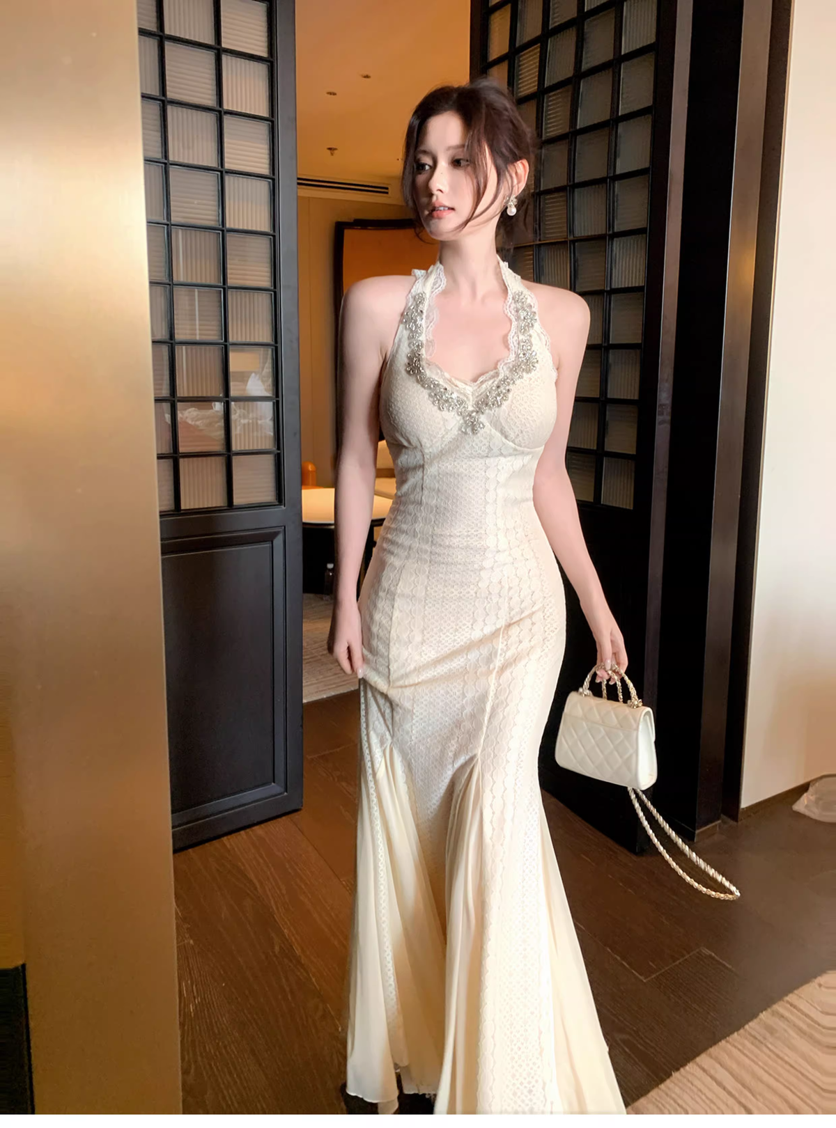 Charming Light Apricot Halter Lace Beaded Mermaid Party Dress Long Birthday Prom Gown SP1497