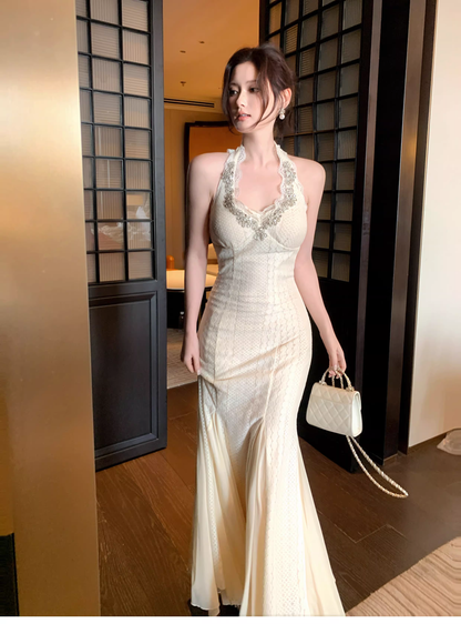 Charming Light Apricot Halter Lace Beaded Mermaid Party Dress Long Birthday Prom Gown SP1497
