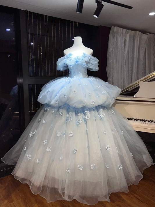 Elegant Off The Shoulder Blue Tulle Layered Appliques Ball Gown Sweet 16 Dress Quinceanera Dress