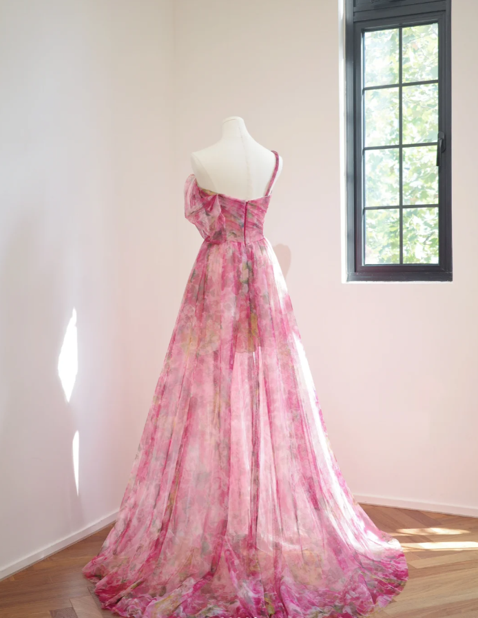 Beautiful Pink Spaghetti Straps Rose Flowers Tulle Long Party Dress Evening Gown