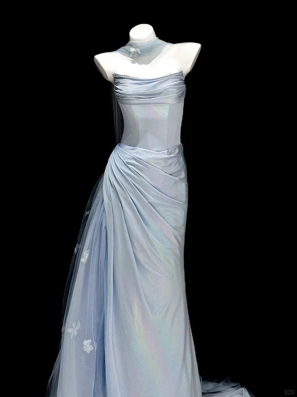 Fairy Strapless Blue Tulle Satin Pleated Mermaid Long Party Dress Birthday Evening Dress SP1569