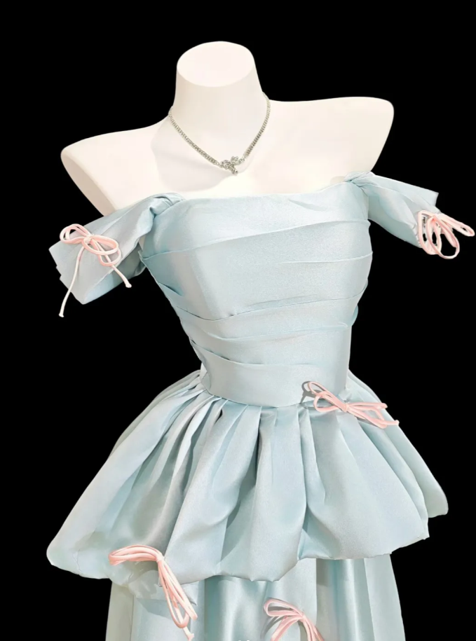 Pretty Blue Off The Shoulder Satin Long Birthday Party Dress Prom Gown With Bow