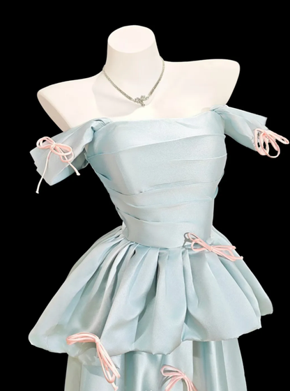 Pretty Blue Off The Shoulder Satin Long Birthday Party Dress Prom Gown With Bow