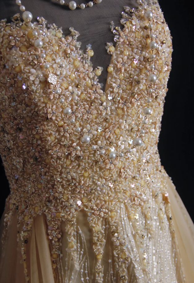 Luxurious Champagne Sleeveless Tulle Beaded Mermaid Long Birthday Party Dress Evening Gown
