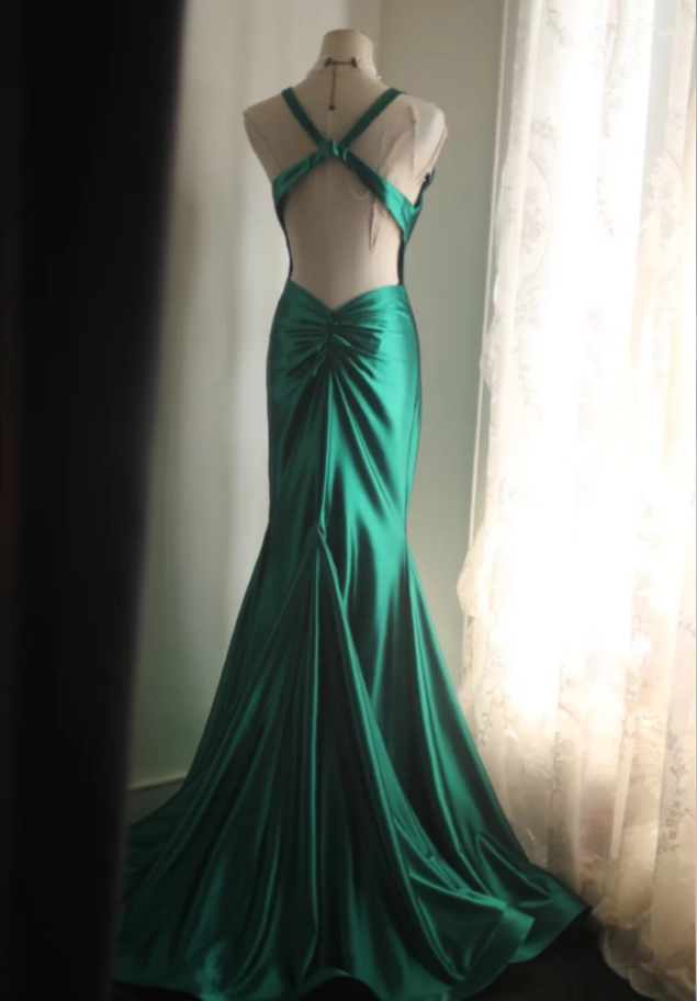 Stylish Green V Neck Satin Backless Long Mermaid Party Dress Formal Wedding Guest Dress SP1204