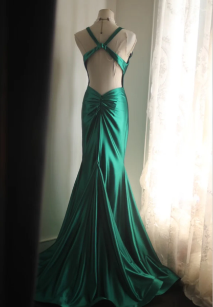 Stylish Green V Neck Satin Backless Long Mermaid Party Dress Formal Wedding Guest Dress SP1204