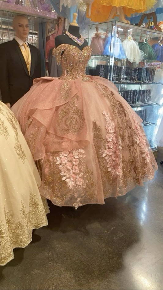 Classy Off The Shoulder Pink Tulle Sequin Appliques Ball Gown Formal Quinceanera Dress