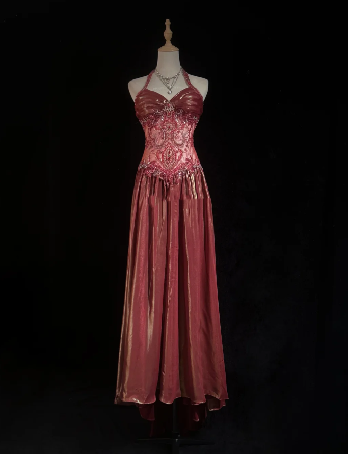 Retro Halter Satin Beaded A Line Long Wedding Guest Dress Formal Birthday Prom Dress Evening Gown  SP1440