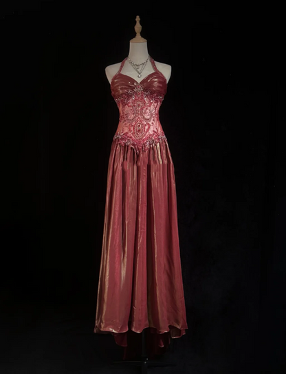 Retro Halter Satin Beaded A Line Long Wedding Guest Dress Formal Birthday Prom Dress Evening Gown  SP1440