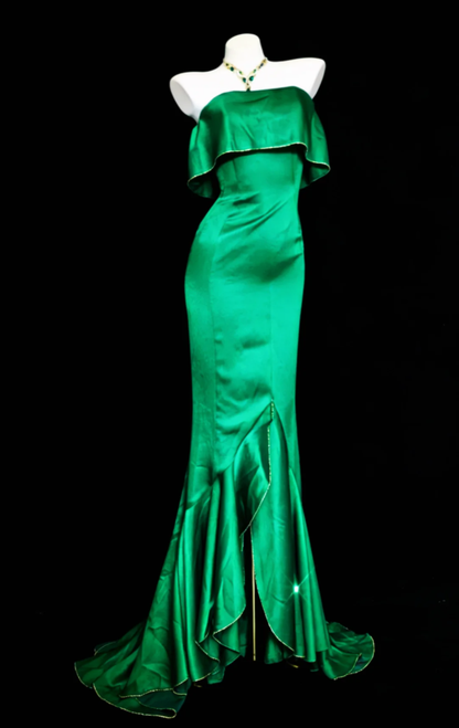 Fashion Strapless Satin Mermaid Long Wedding Guest Dress Green Party Dress SP1591
