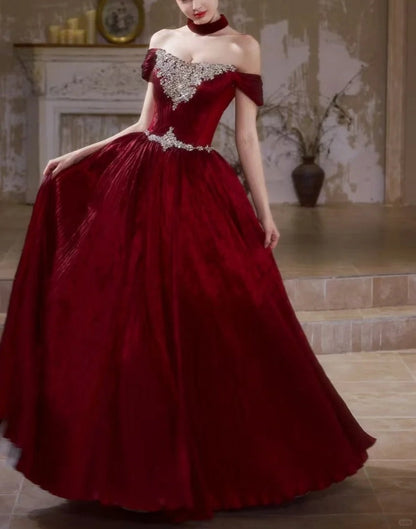 Girlhomeshops-Burgundy Retro Elegant Rhinestone Beaded Long Velvet Ball Gown Evening Dress gh5073