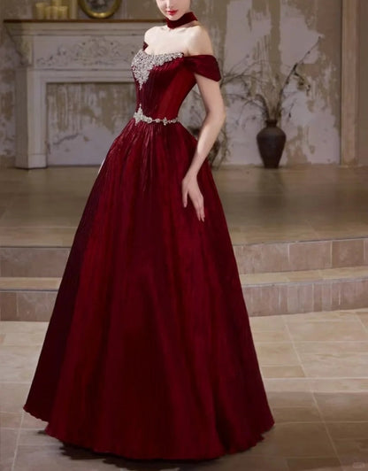 Girlhomeshops-Burgundy Retro Elegant Rhinestone Beaded Long Velvet Ball Gown Evening Dress gh5073