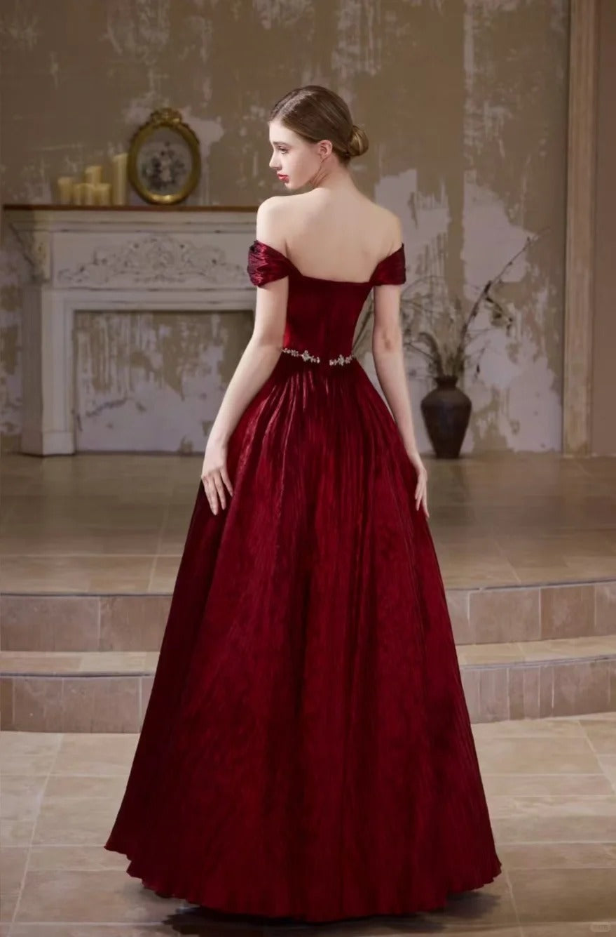 Girlhomeshops-Burgundy Retro Elegant Rhinestone Beaded Long Velvet Ball Gown Evening Dress gh5073