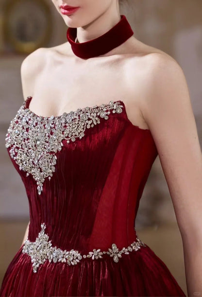 Girlhomeshops-Burgundy Retro Elegant Rhinestone Beaded Long Velvet Ball Gown Evening Dress gh5073