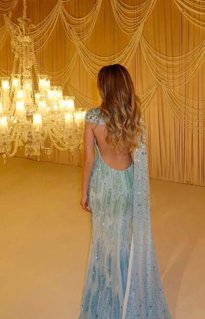 Pretty Ombre Blue Chiffon Sequin Beaded Mermaid Long Party DressBackless Evening Gown