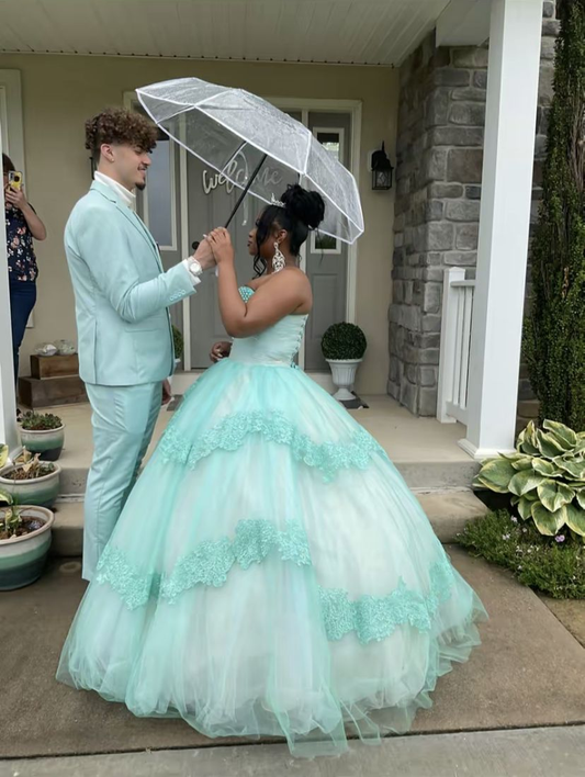 Chic Green Strapless Tulle Appliques Layered Ball Gown Sweet Quinceanera Dress
