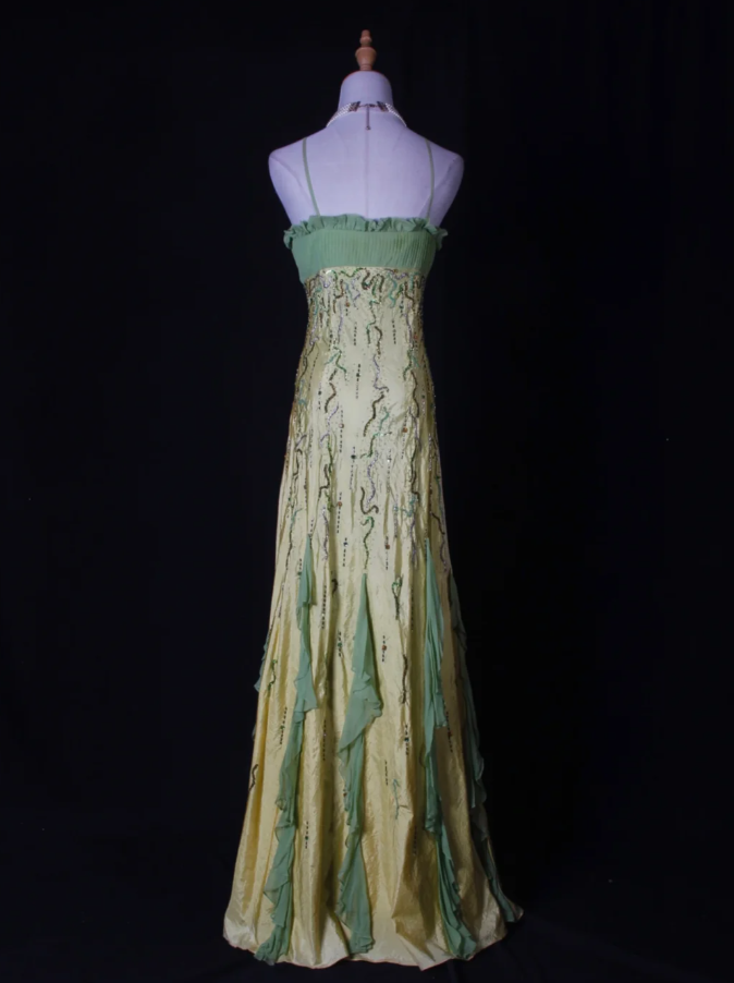 Chic Spaghetti Straps Yellow-green Satin Beaded Mermaid Long Party Dress Birthday Evening Gown With Ruffles