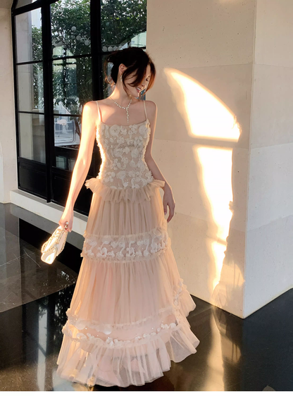 Cute Spaghetti Straps Light Pink Tulle A Line Long Birthday Prom Dress Party Gown SP1505