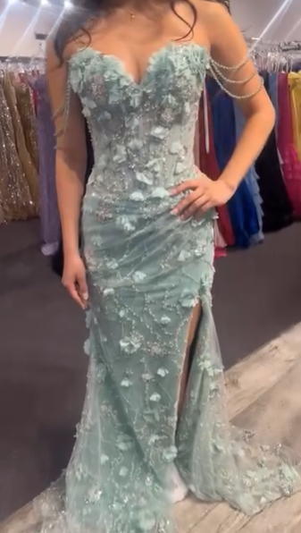 Elegant Green Tulle Applique Beaded Slit Prom Dress Long Mermaid Party Gown SP1320