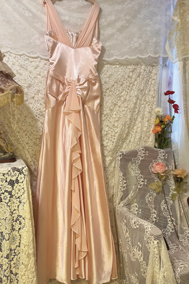 Pretty Pink V Neck Satin Mermaid Long Wedding Guest Dress Formal Birthday Prom Dress Party Gown