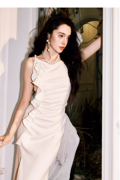 Elegant White Sleeveless Satin Pleated Ruffle slit Long Wedding Guest Dress Formal Birthday Party Dress SP2002