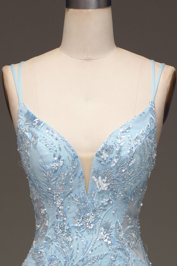 Elegant Blue Tulle Mermaid Prom Dress Evening Dress With Sequins Y6701