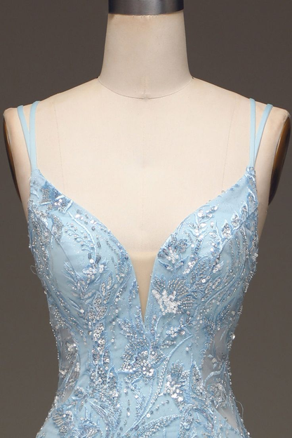 Elegant Blue Tulle Mermaid Prom Dress Evening Dress With Sequins Y6701