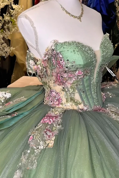 Gorgeous Off Shoulder Green Sleeveless Tulle Beaded Appliques Bow Knot Sweet 15 Quinceañera Dress SP1729