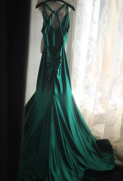 Stylish Green V Neck Satin Backless Long Mermaid Party Dress Formal Wedding Guest Dress SP1204