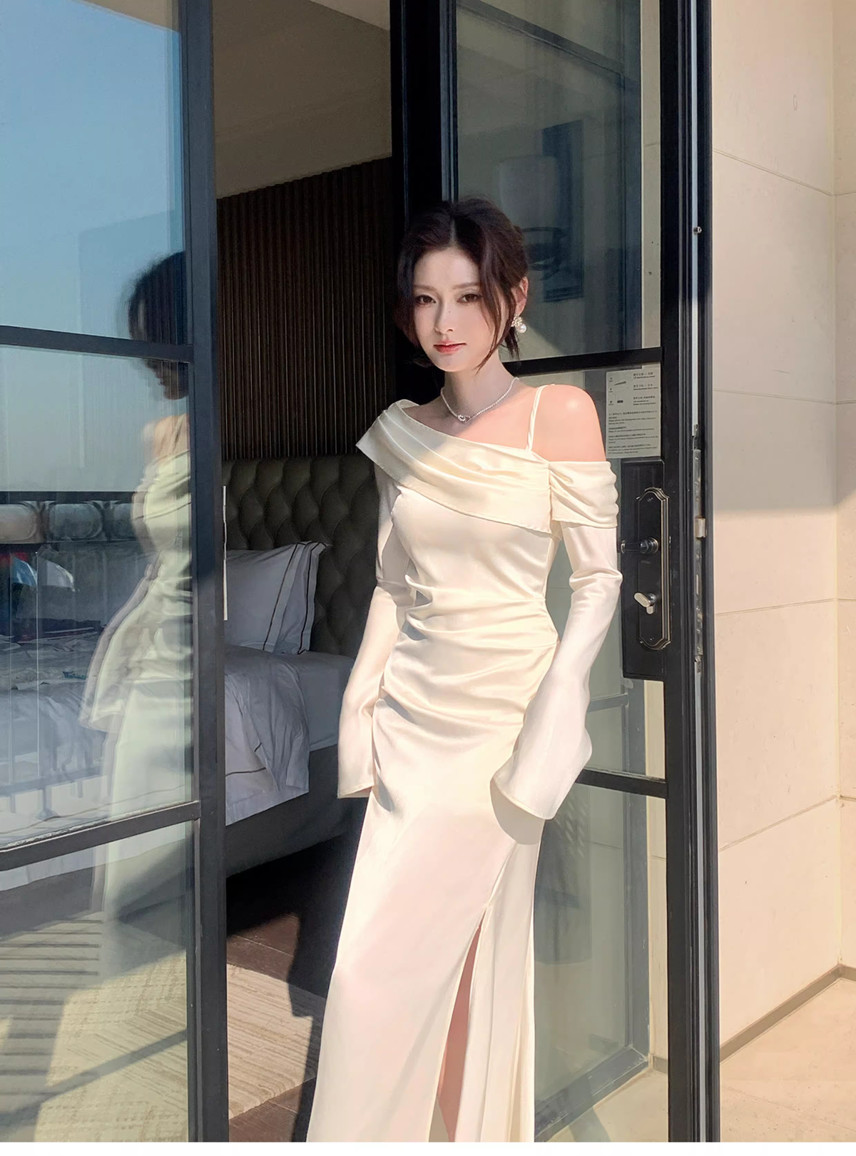Classy Light Apricot Off The Shoulder Mermaid Slit Long Party Dress Prom Gown Formal Wedding Guest Dress SP1494