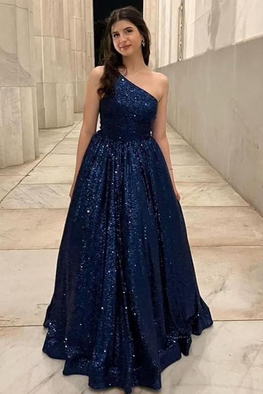 Sparkly One Shoulder Sequin Navy Blue Ball Gown Long Evening Dress Birthday Outfits