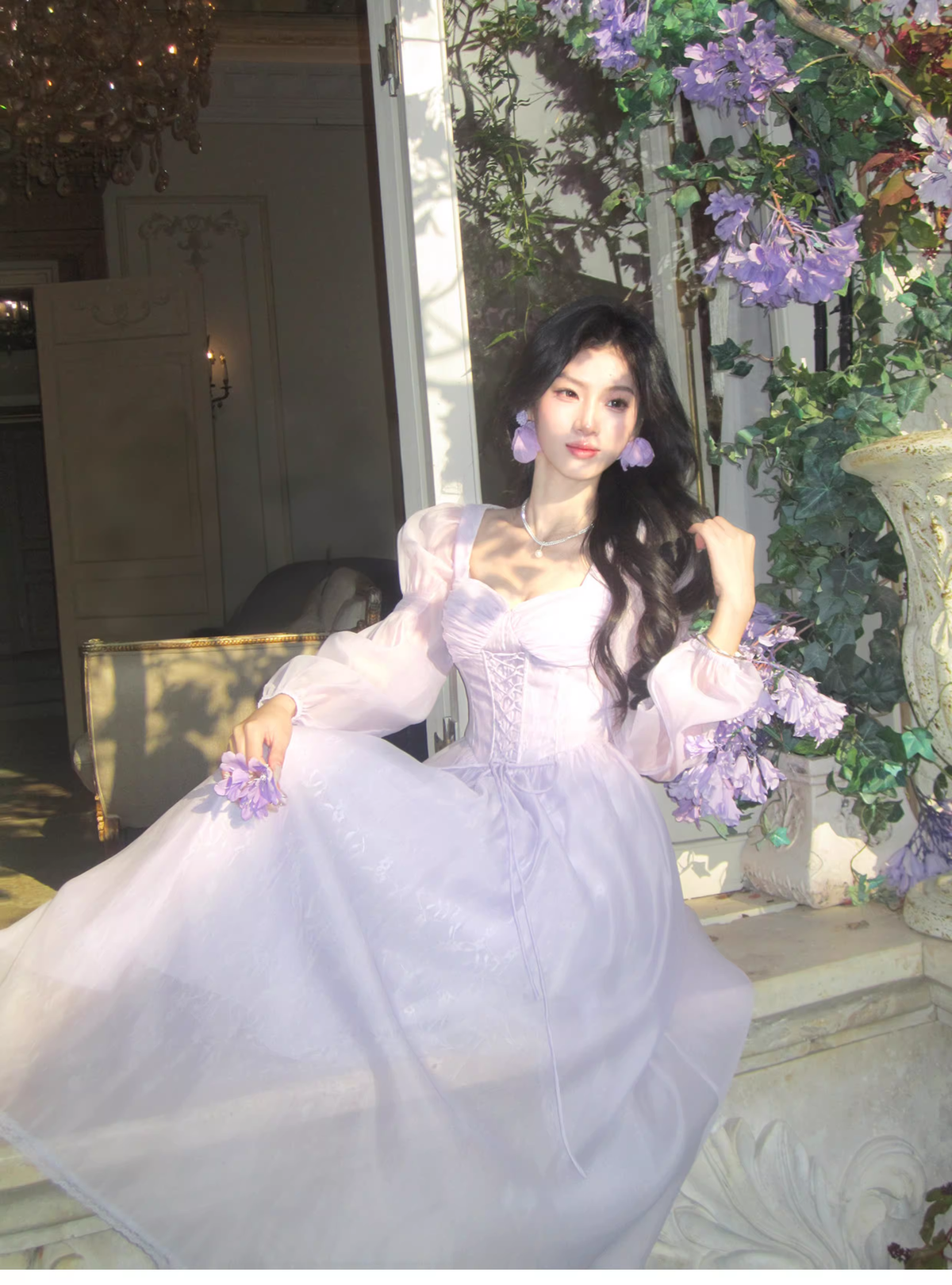 Sweet Lavender Tulle Lace A Line Long Party Dress Birthday Prom Dresses SP1500